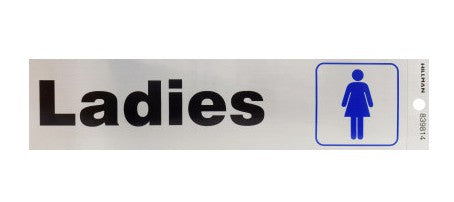Hillman Ladies Room Sign, Black/Blue Lettering on Nickel Back