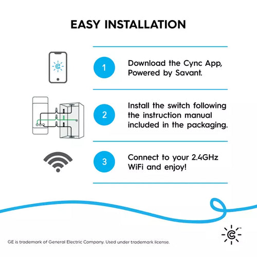 GE Cync Smart Light Switch On/Off Button Style, No Neutral Wire Required Smart Switch, 2.4 GHz WiFi Works with Amazon Alexa and Google Home, White (1 Pack)