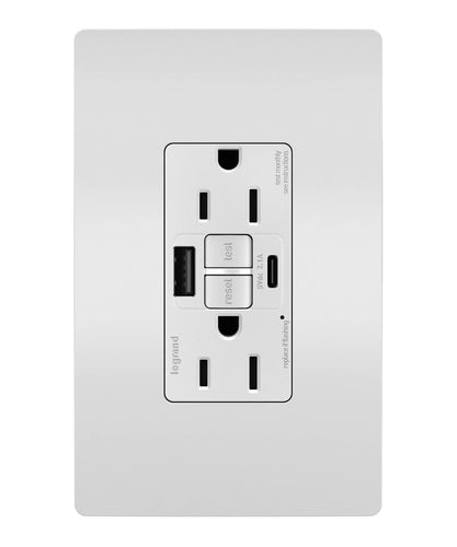 Legrand Pass & Seymour radiant® GFCI USB Outlet with SafeLock® Protection, Type A/C, 15A, Tamper-Resistant, White C4