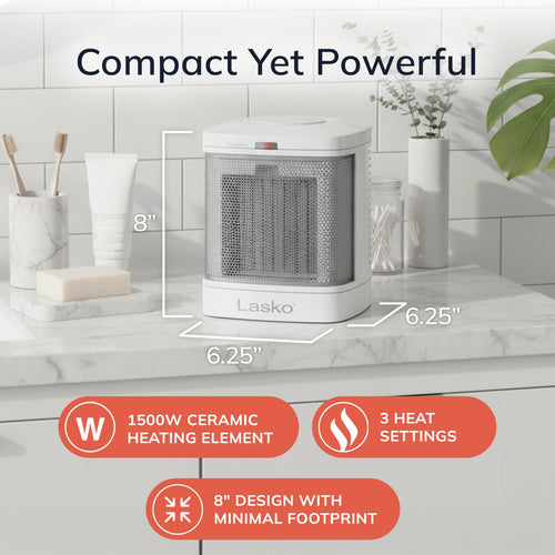 Lasko 8 Bathroom Ceramic Heater (2 heat settings, timer, ALCI safety plug, white)
