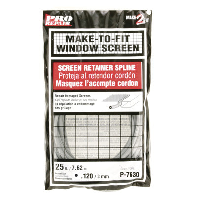 Prime Line Screen Retainer Vinyl Spline, .12 Round, Gray, 25' per roll. (165 x 5')